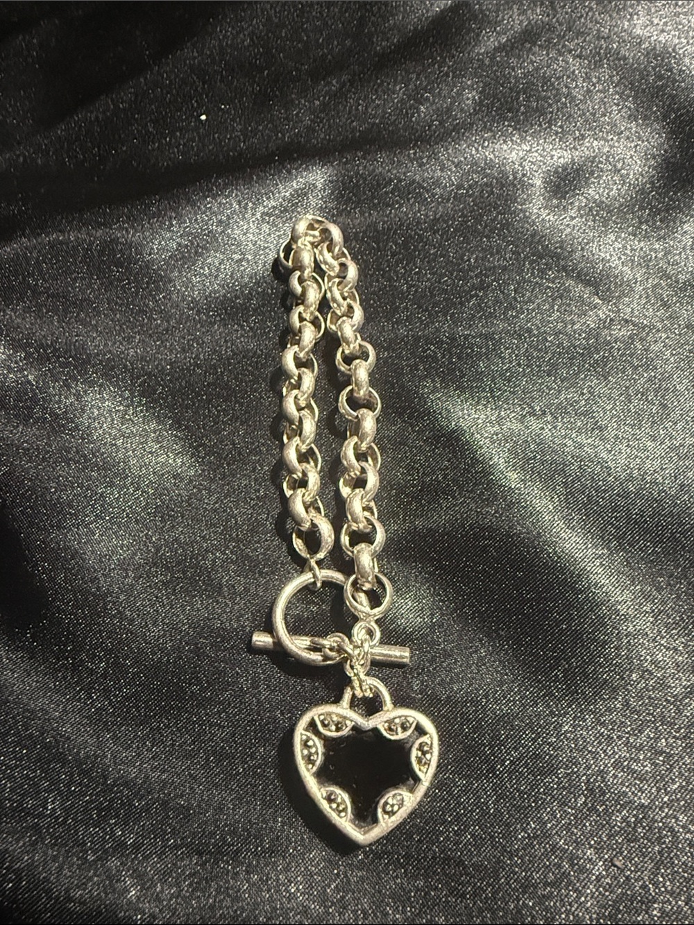 Vintage 925 Sterling Silver Chunky Rolo Link Bracelet, Marcasite Blk Heart Charm